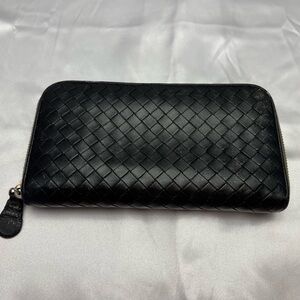 Bottega Veneta Black Intrecciato Leather Zip Around Wallet